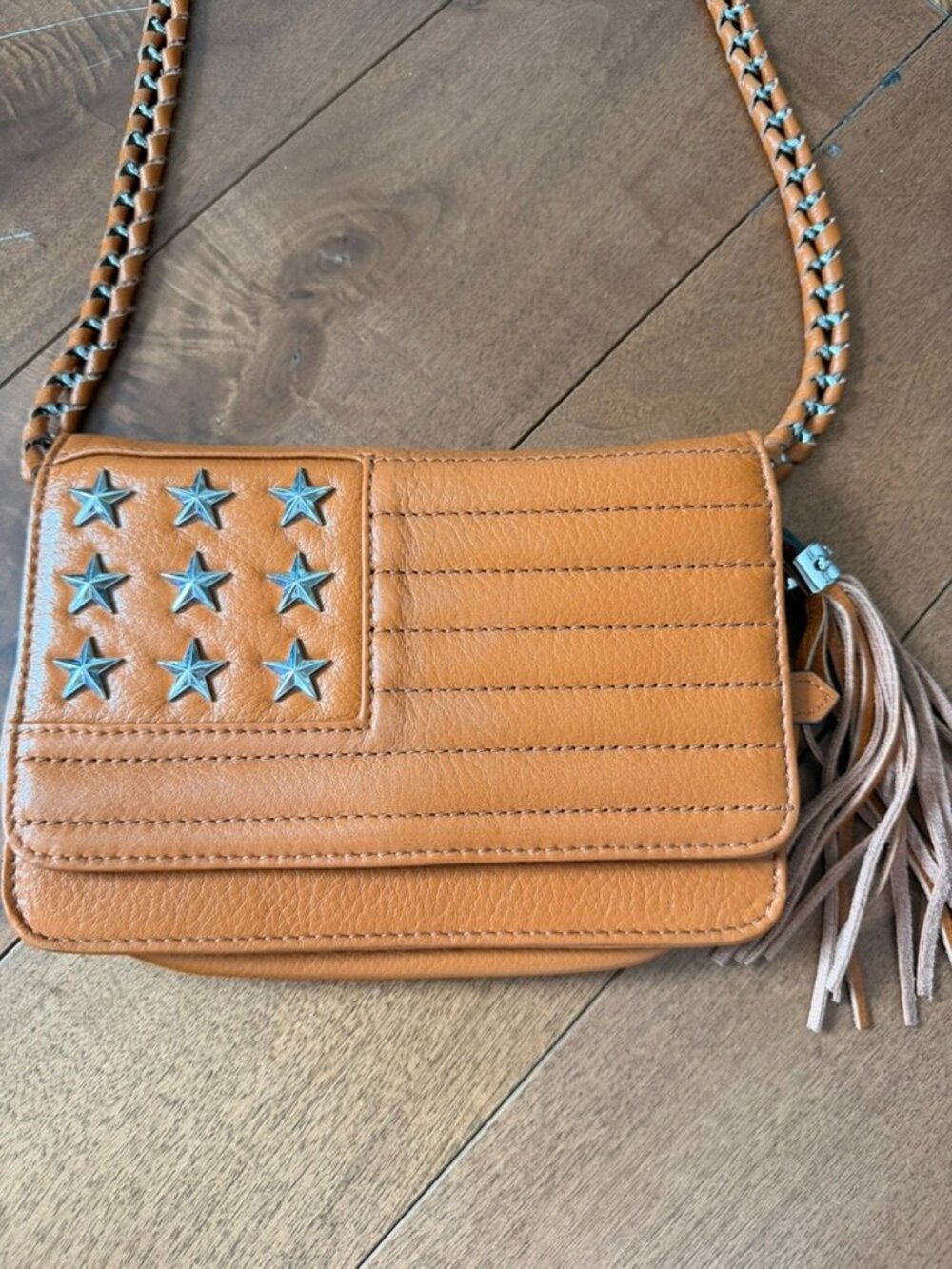 Aimee Kestenberg Cognac Leather Star Studded Crossbody Bag Tassel NWOT